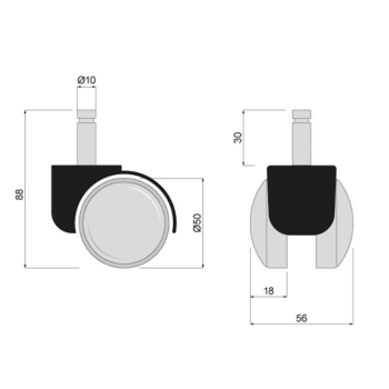 Kółko obrotowe gumowe T B-10 50mm, trzpień Ø10 długość 30mm, ATM